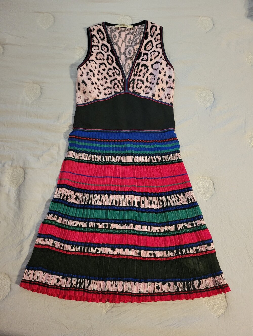Roberto Cavalli Vintage Sleeveless Multicolor Knit Dress, Leopard Bodice NWOT, M